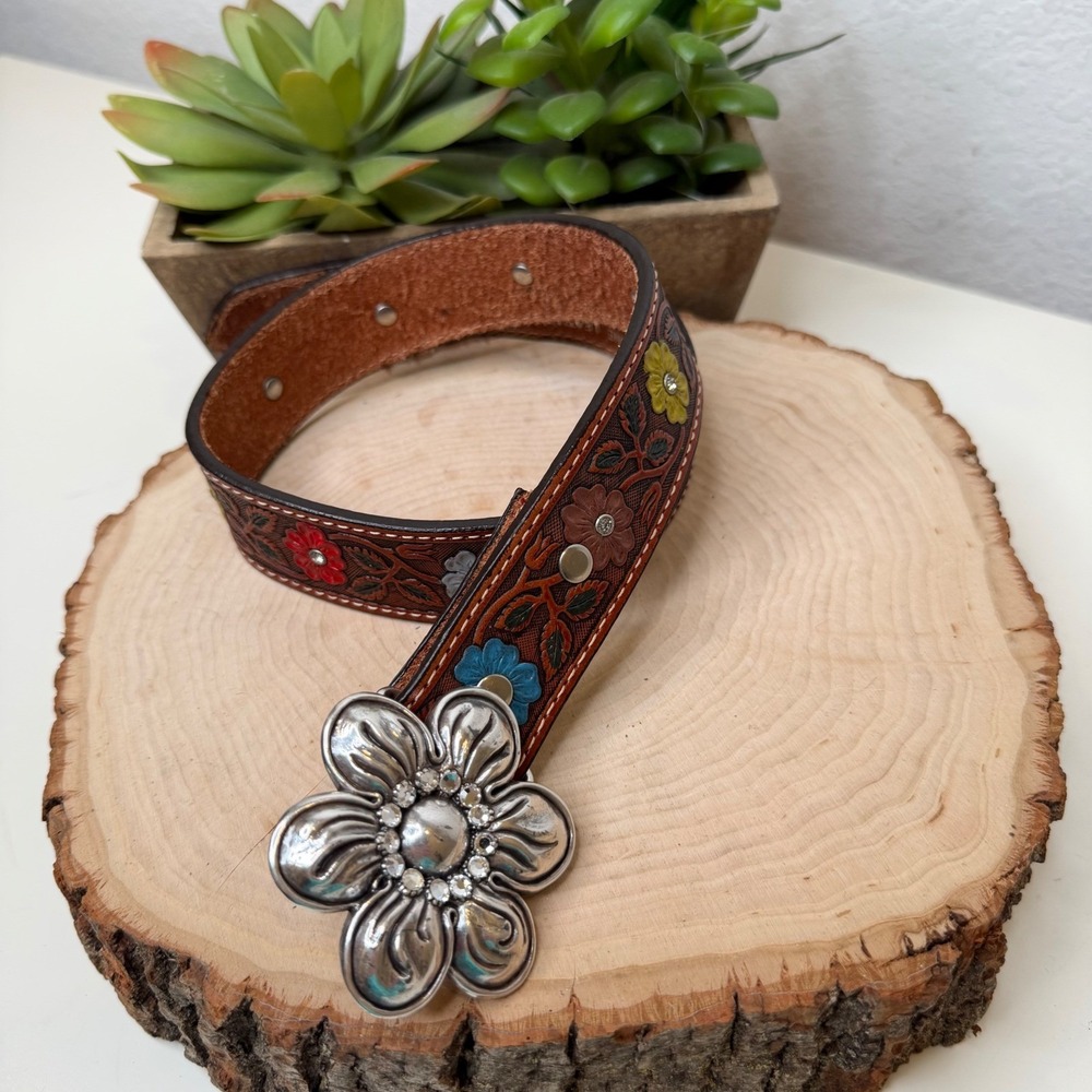 Nocona Tooled Leather Belt Girls Brown Floral Rhinestone Western Boho Size 20 Sm